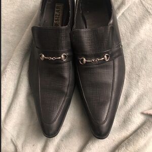 Black Men's Slip-On Dress Loafers with Silver Bit Detail
